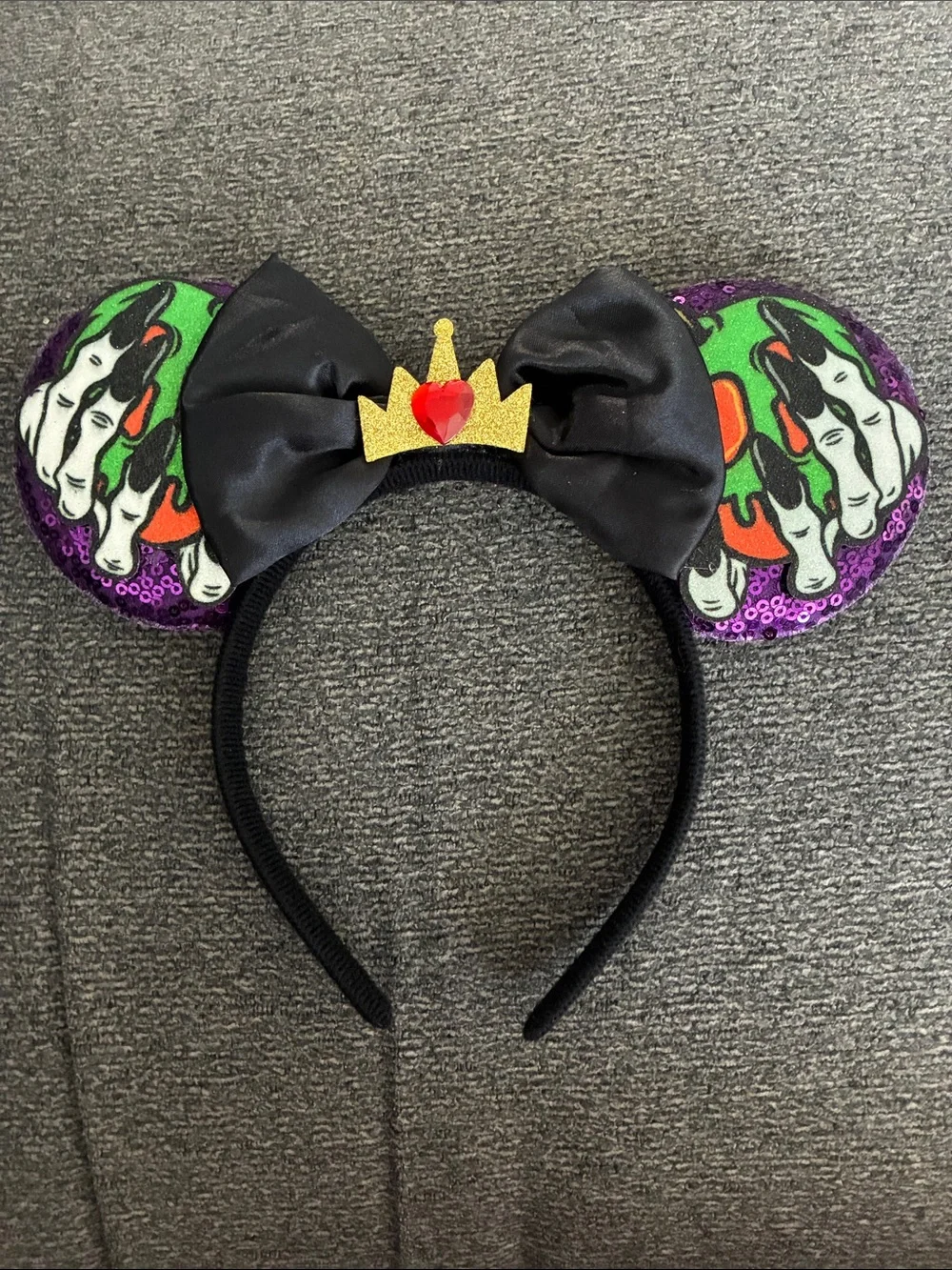 Wicked Queen Purple Sequin Skull Ears Headband with Black Bow & Gold Crown